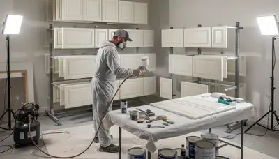 Professional cabinet painting in Grand Rapids MI using spray techniques for smooth, durable kitchen finishes