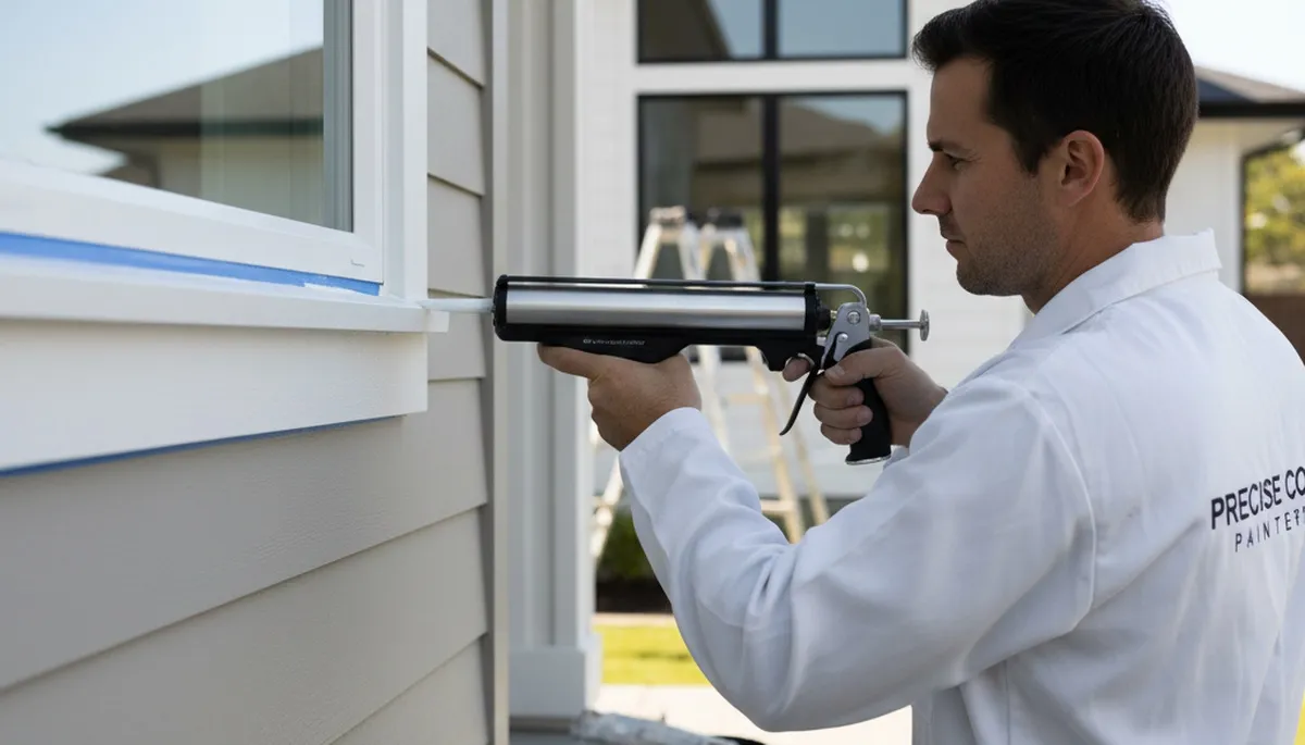 Professional house painter applying caulk around exterior trim in Grand Rapids, MI for weather protection