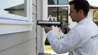Professional house painter applying caulk around exterior trim in Grand Rapids, MI for weather protection