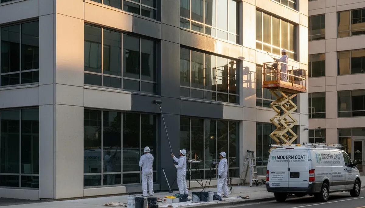 Professional commercial painters working on office exterior in Grand Rapids, MI