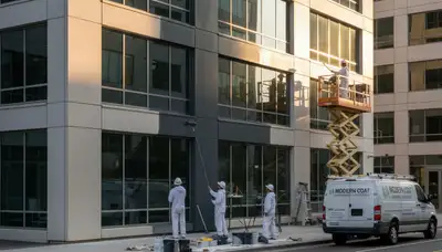 Professional commercial painters working on office exterior in Grand Rapids, MI