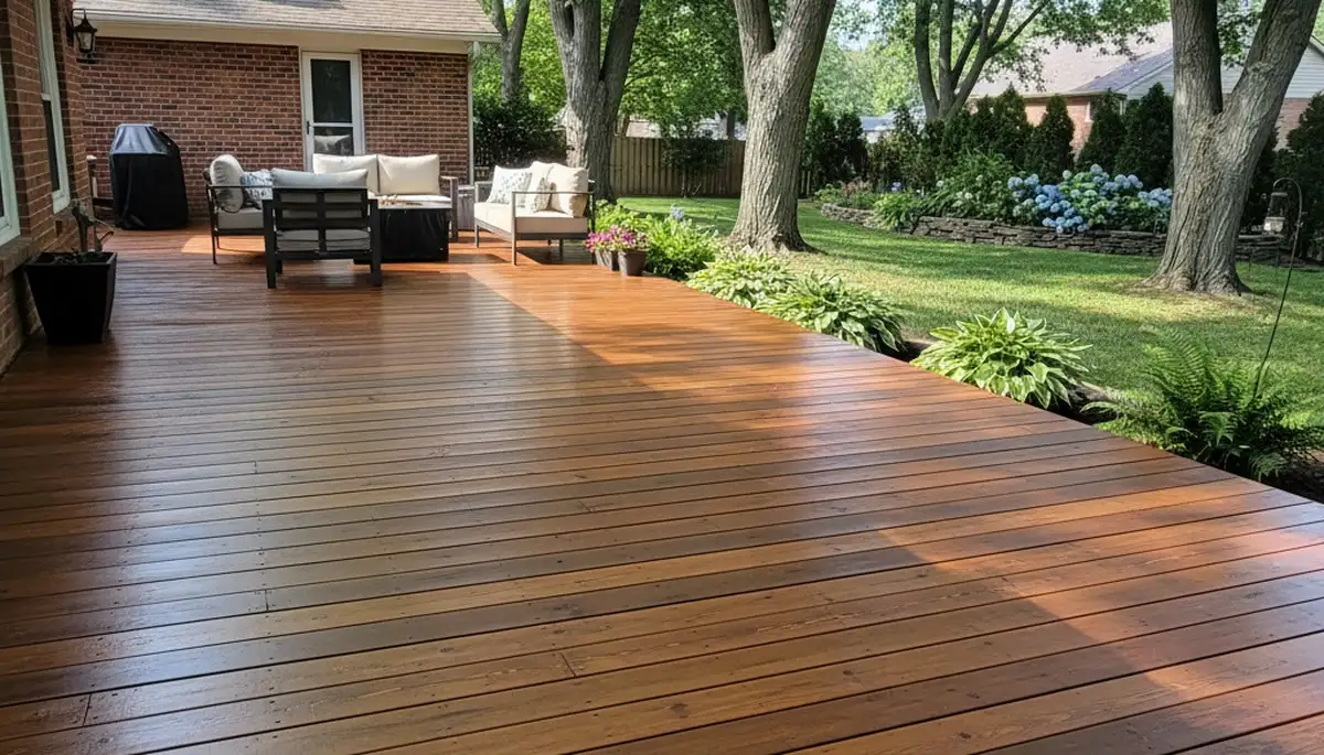 Finished deck staining in Grand Rapids MI showcasing rich wood finish and weather-resistant protection