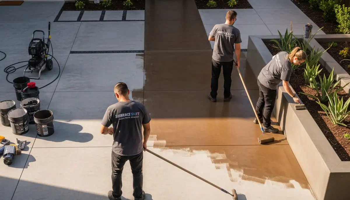 Professional concrete staining on residential patio in Grand Rapids, MI by local painting experts