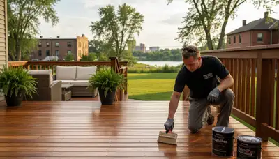 Professional deck staining in Grand Rapids MI enhancing wood finish with UV and moisture protection