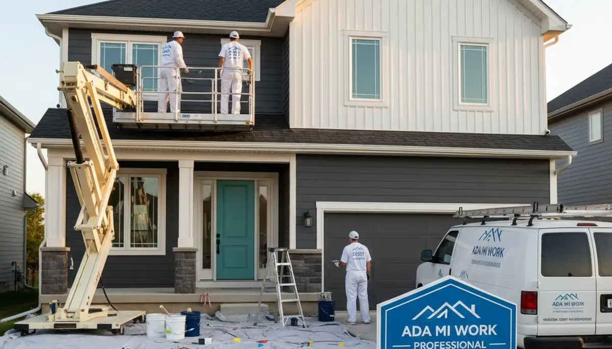 Professional house painters working on residential exterior in Grand Rapids MI