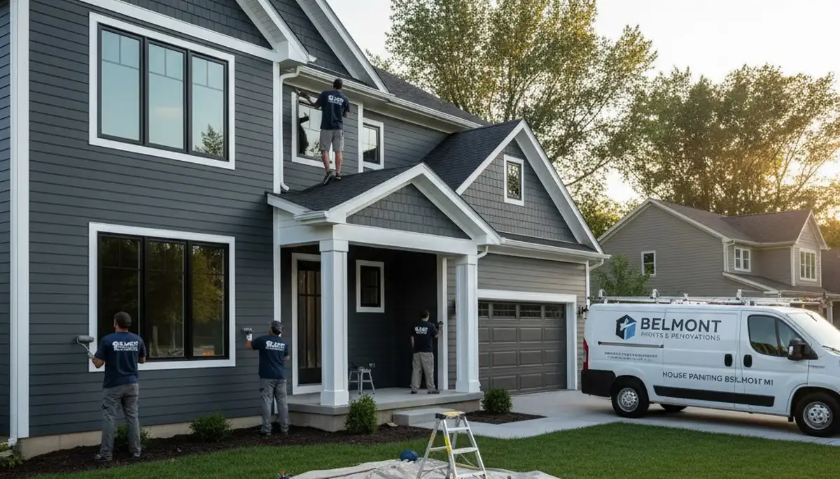 Professional house painters working on exterior home repaint in Grand Rapids, MI