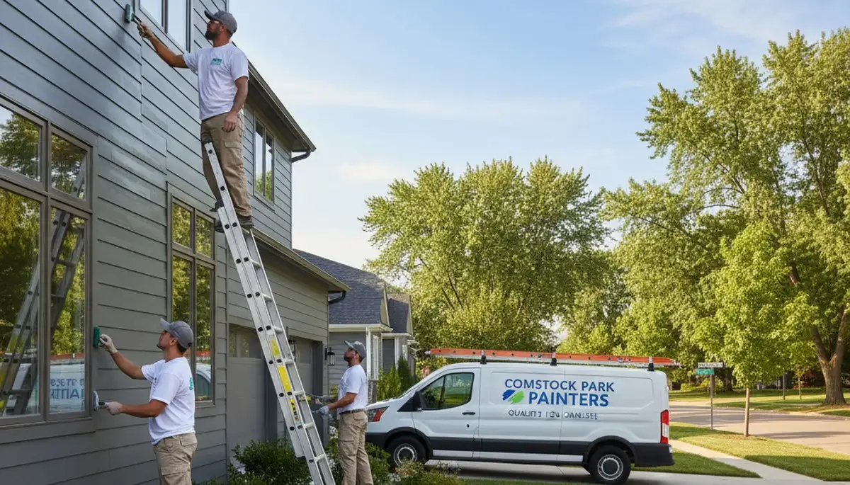 Professional house painters finishing home exterior in Grand Rapids MI