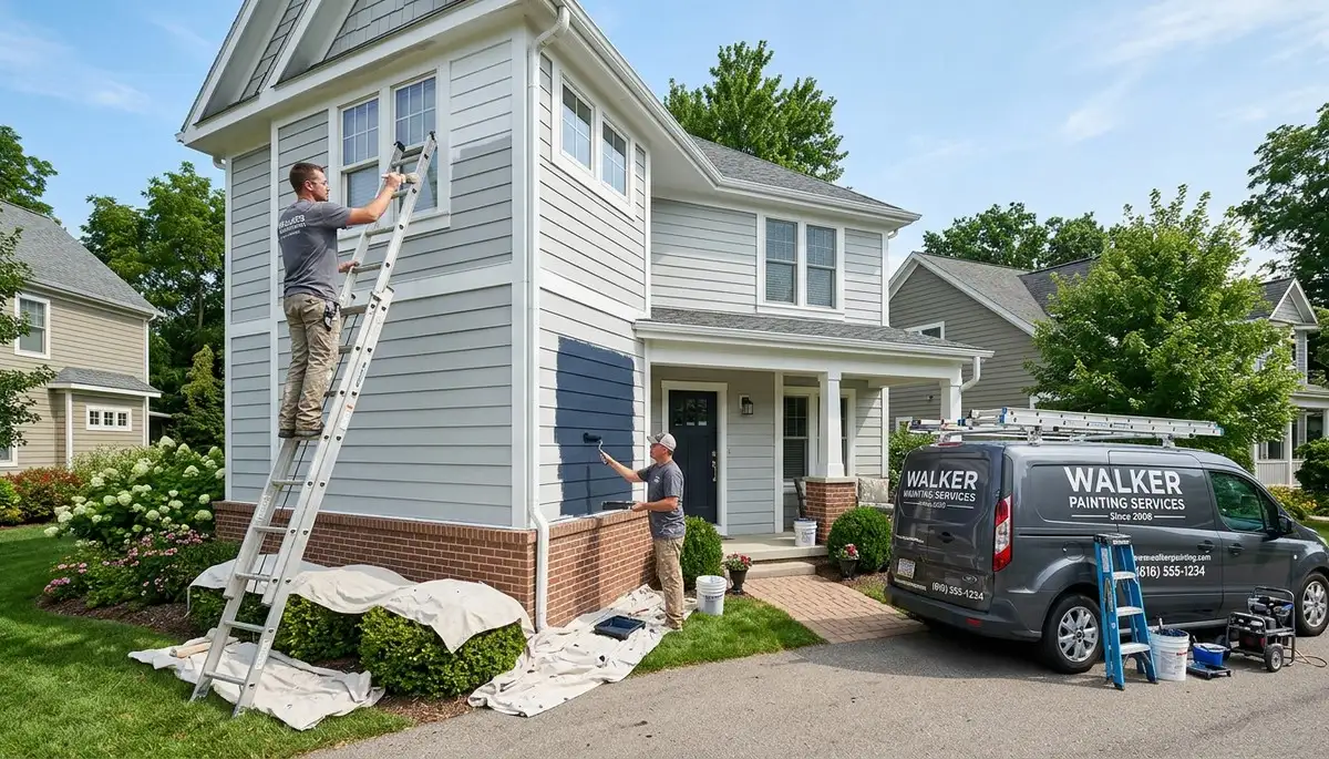 Professional house painters in Grand Rapids MI applying exterior paint to a two-story home