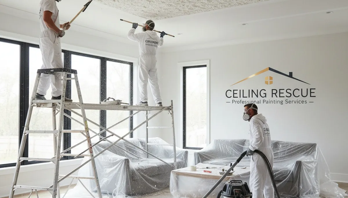 Technician removing popcorn ceiling in Grand Rapids MI home during expert ceiling texture update