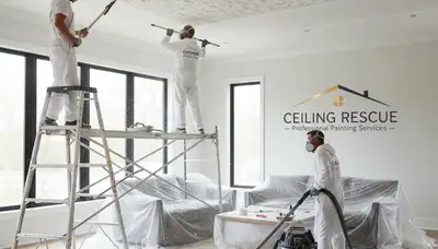 Technician removing popcorn ceiling in Grand Rapids MI home during expert ceiling texture update