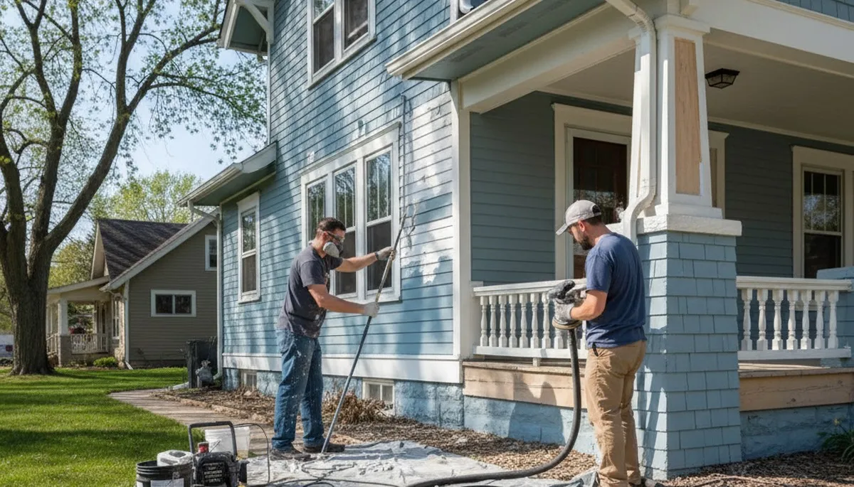 Painter preparing exterior surface for new coating on Grand Rapids MI home exterior painting project