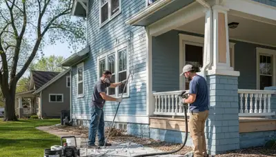 Painter preparing exterior surface for new coating on Grand Rapids MI home exterior painting project