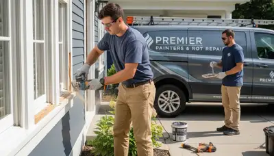 Technician repairing exterior wood rot on home siding in Grand Rapids, MI