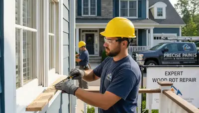 Contractor repairing exterior wood rot on home siding in Grand Rapids, MI